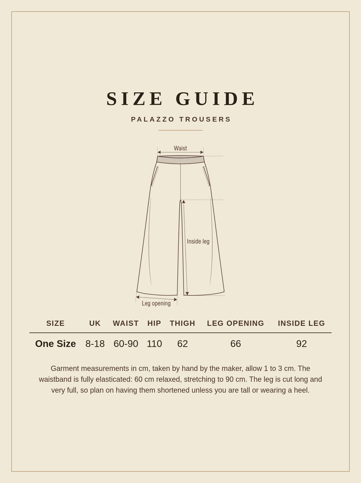 Size guide for the Whelford palazzo trousers, one size, UK 8 to 18, measurements in cm