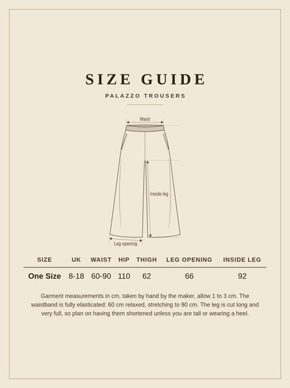 Size guide for the Whelford palazzo trousers, one size, UK 8 to 18, measurements in cm