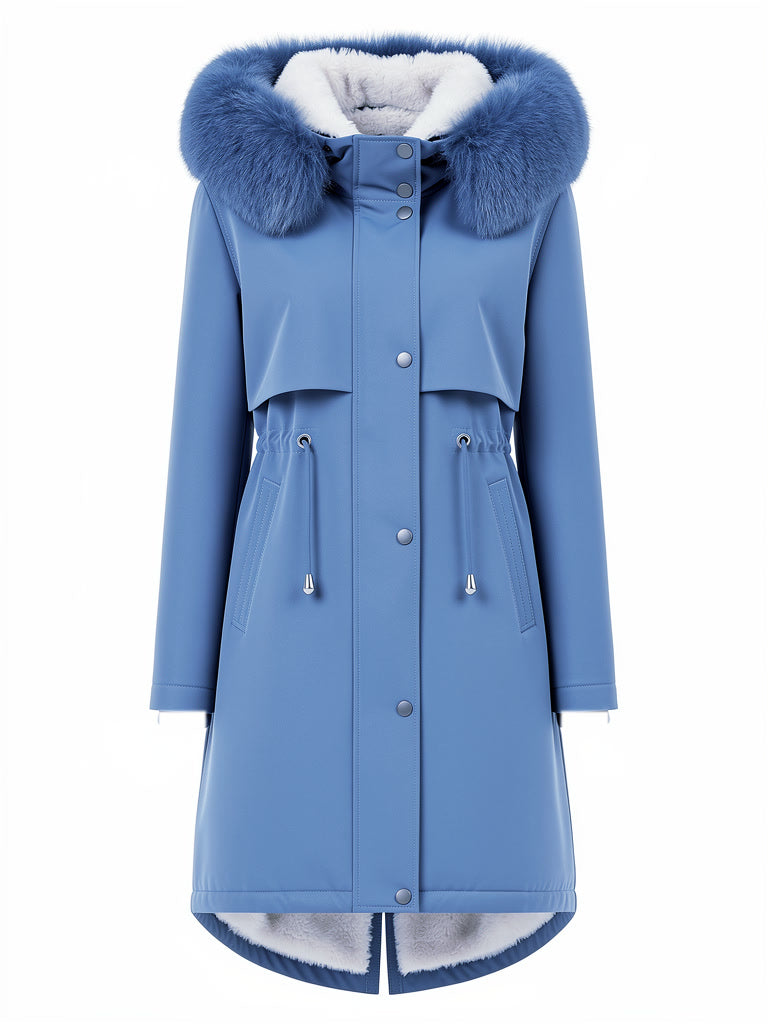 Borg lined parka coat in Delft Blue with a tonal faux fur trim hood, front view