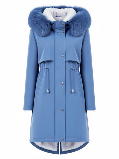 Borg lined parka coat in Delft Blue with a tonal faux fur trim hood, front view