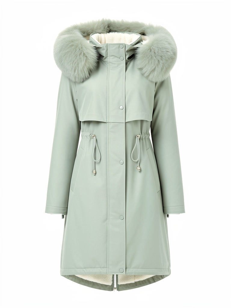 Borg lined parka coat in Sage with a tonal faux fur trim hood, front view