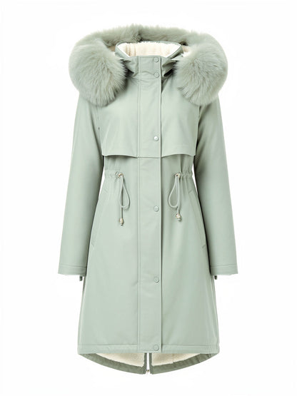 Borg lined parka coat in Sage with a tonal faux fur trim hood, front view