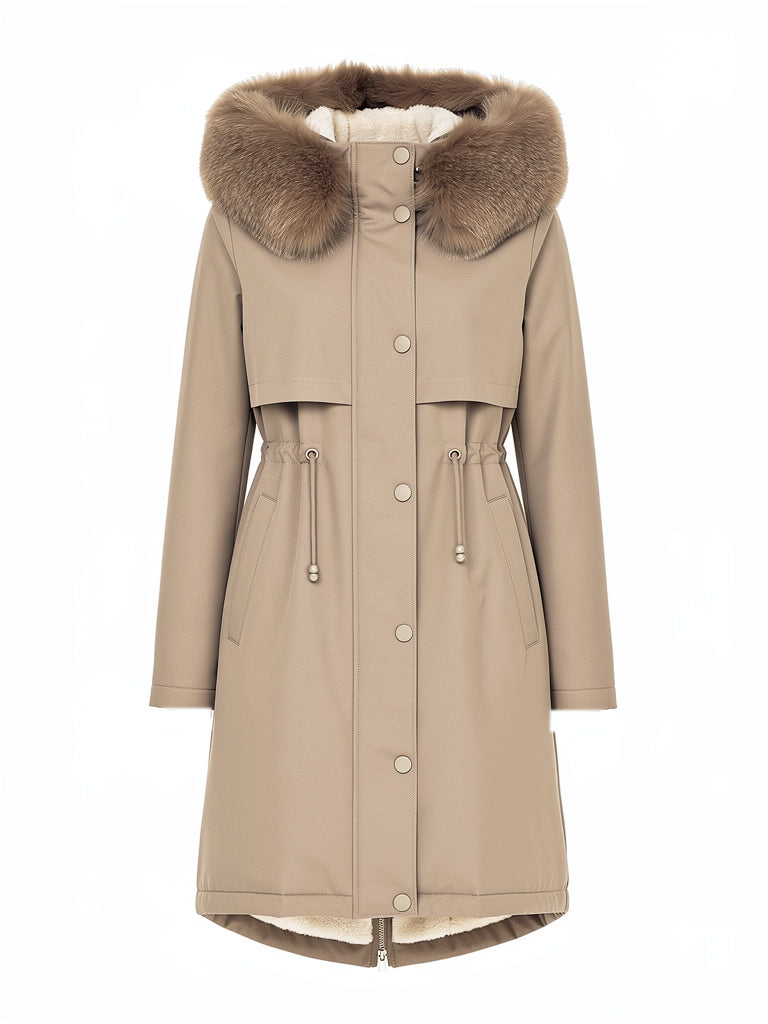 Borg lined parka coat in Sandstone, front view showing the drawcord waist and press stud placket
