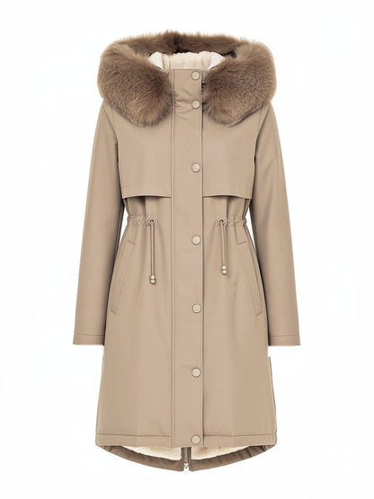 Borg lined parka coat in Sandstone, front view showing the drawcord waist and press stud placket