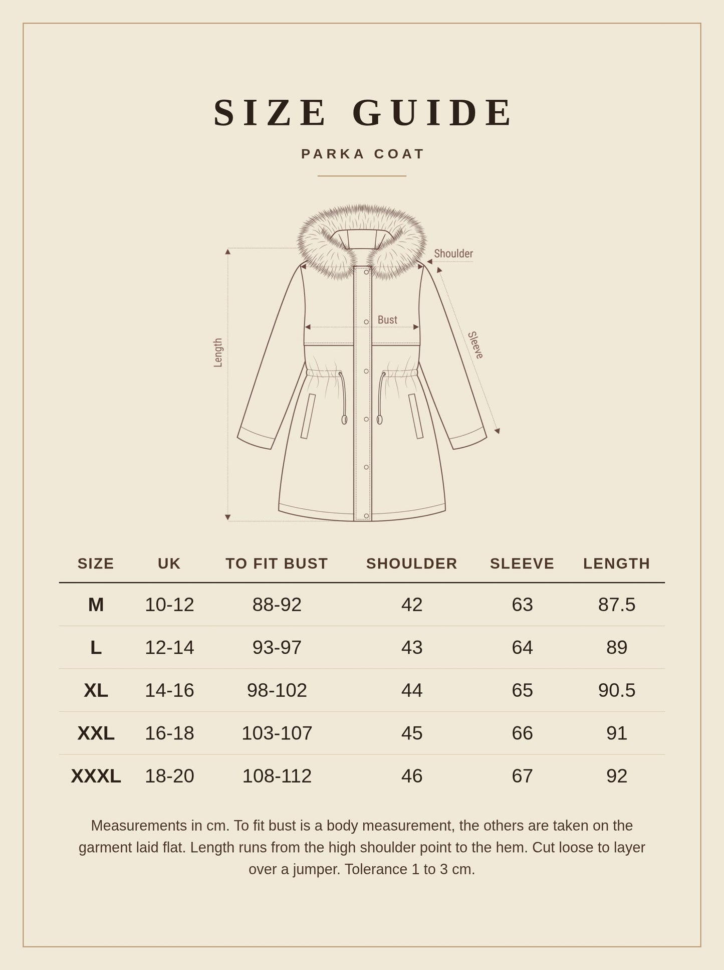 Size guide for the Ingleby parka coat, sizes M to XXXL with UK equivalents