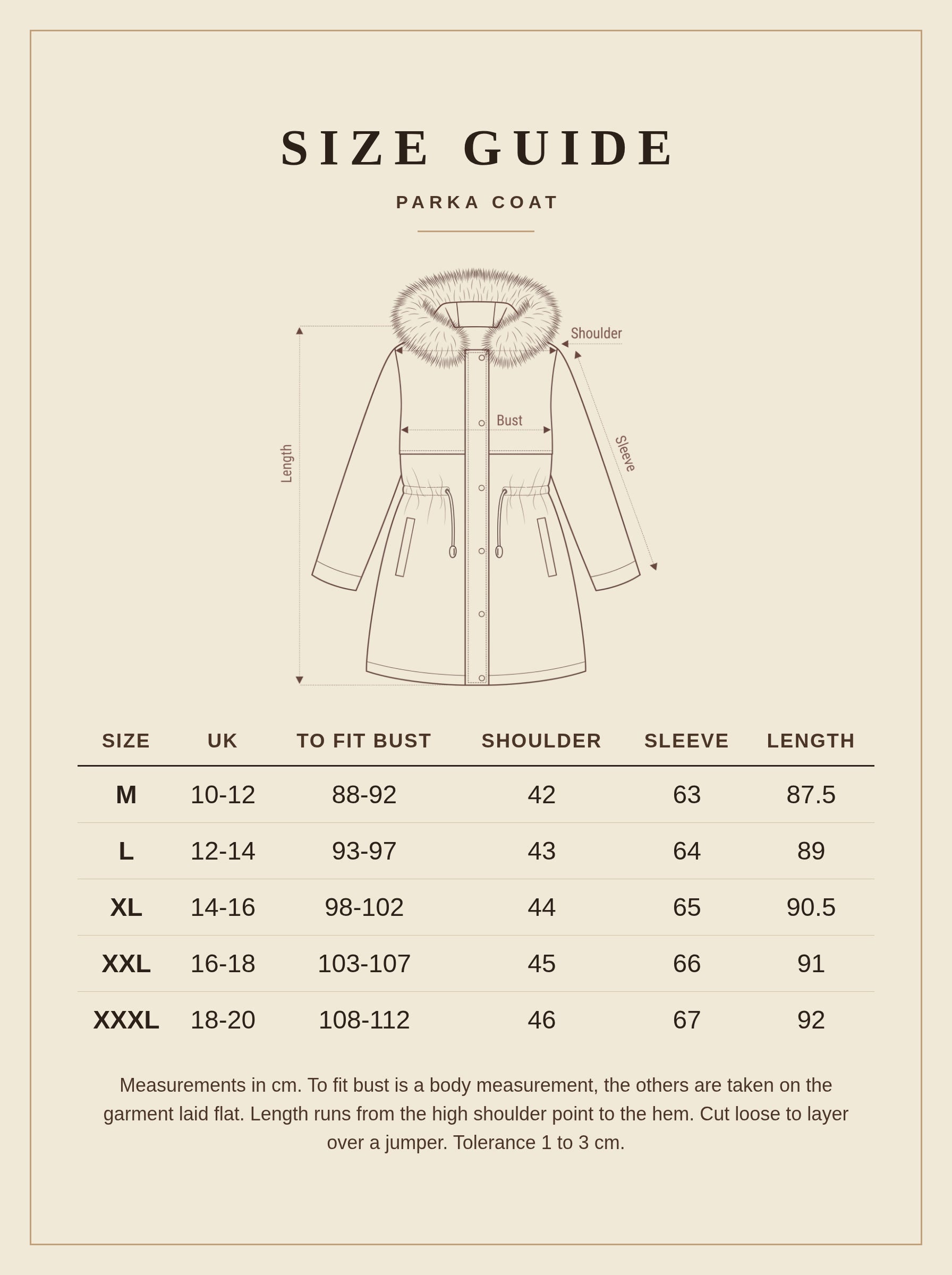 Size guide for the Ingleby parka coat, sizes M to XXXL with UK equivalents