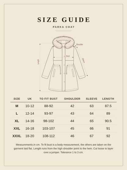 Size guide for the Ingleby parka coat, sizes M to XXXL with UK equivalents