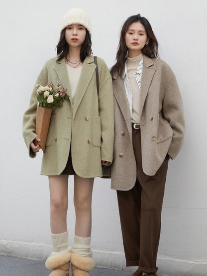 The wool pea coat shown in Lichen and Barley side by side