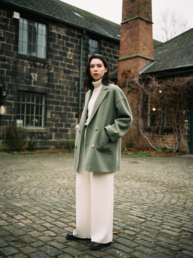 Womens pea coat in Lichen sage green double faced wool, worn open in a cobbled woollen mill yard