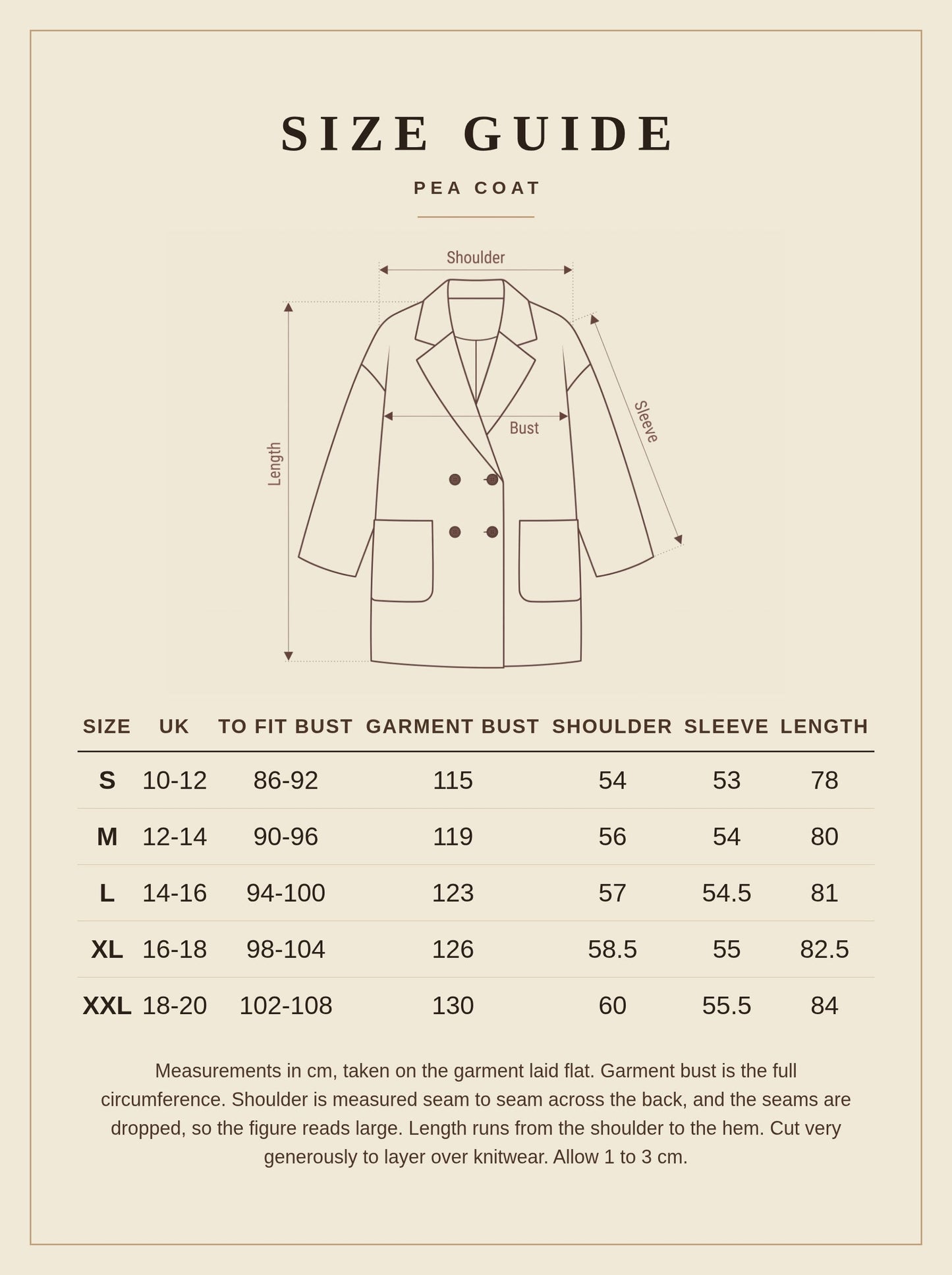 Harlbury size guide for the pea coat, sizes S to XXL with garment measurements in cm