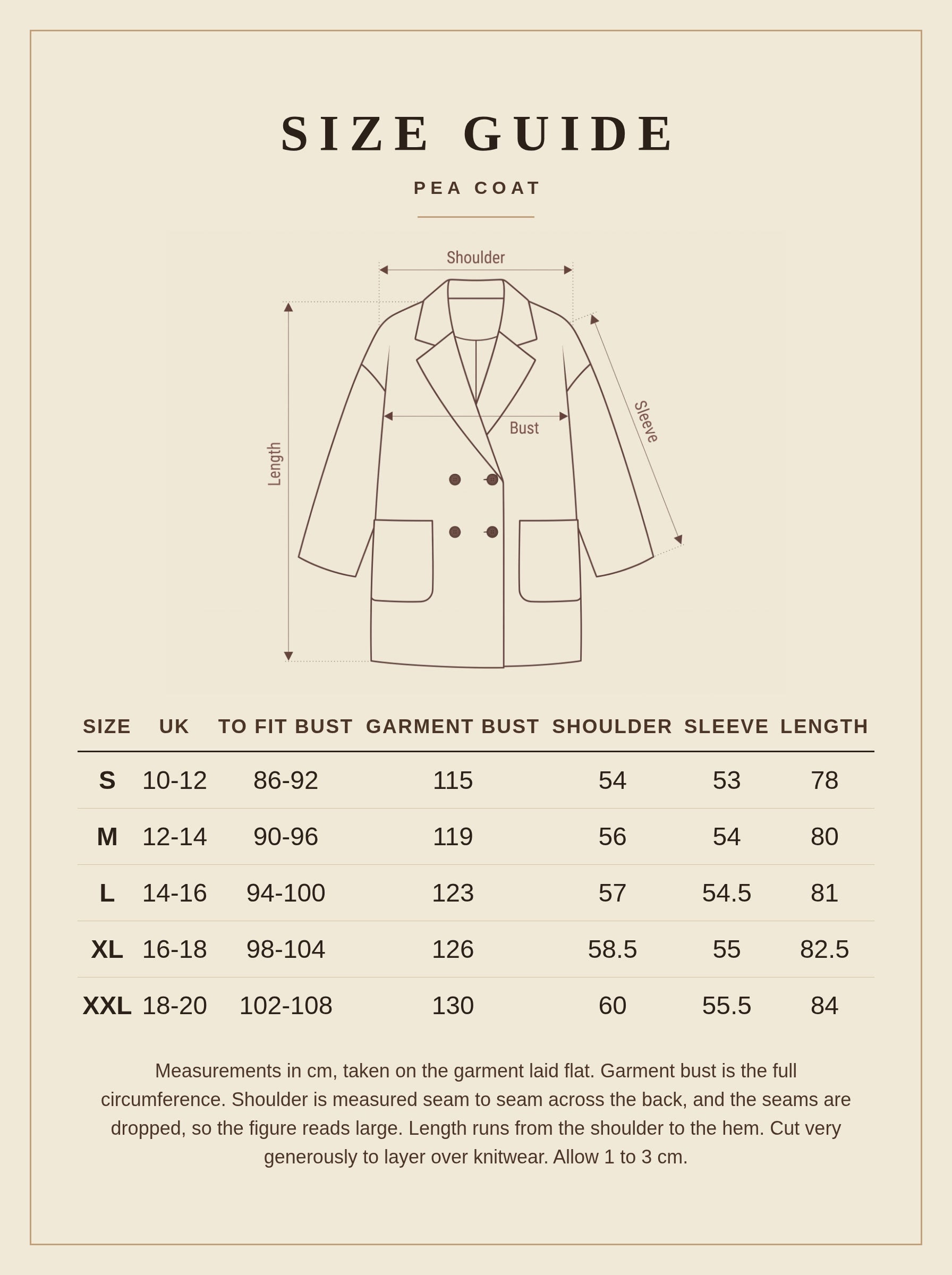 Harlbury size guide for the pea coat, sizes S to XXL with garment measurements in cm