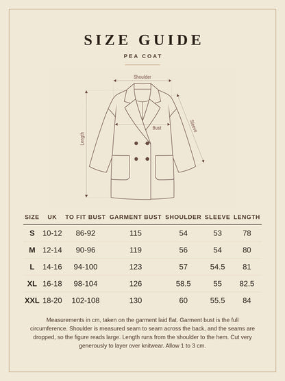 Harlbury size guide for the pea coat, sizes S to XXL with garment measurements in cm