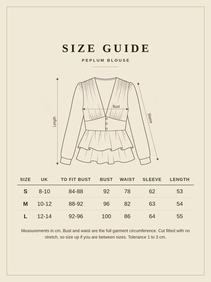 Size guide for the Daylesford peplum blouse with bust, waist, sleeve and length in cm