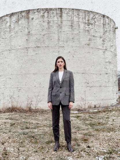 Womens pinstripe blazer in Shale Pinstripe worn open over a white t-shirt, full length