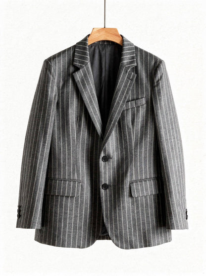 Grey pinstripe blazer on a wooden hanger, front view