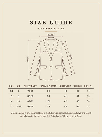 Pinstripe blazer size guide, UK 6 to 14, measurements in cm