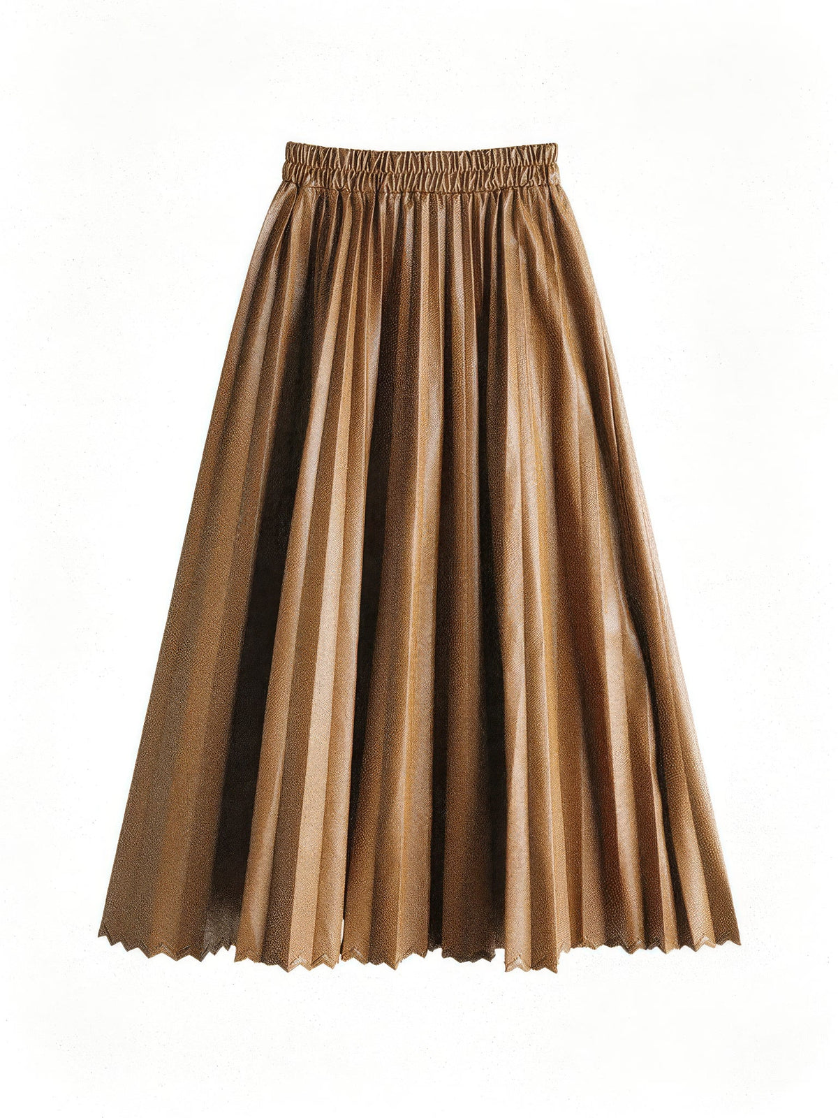 Pleated faux leather midi skirt in Bridle Tan shown front on against a white studio background