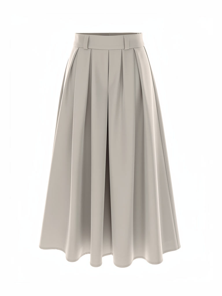 Pleated midi skirt in greige, front view, wide box pleats falling from a flat waistband