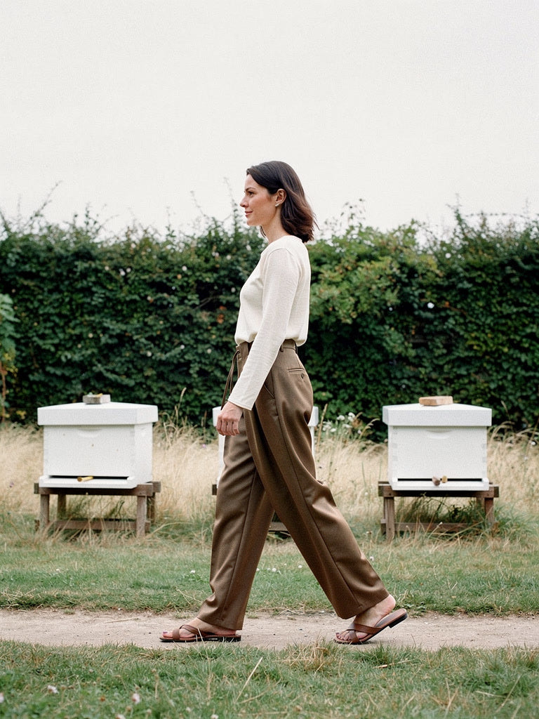 Nutmeg pleated trousers with a barrel leg worn walking