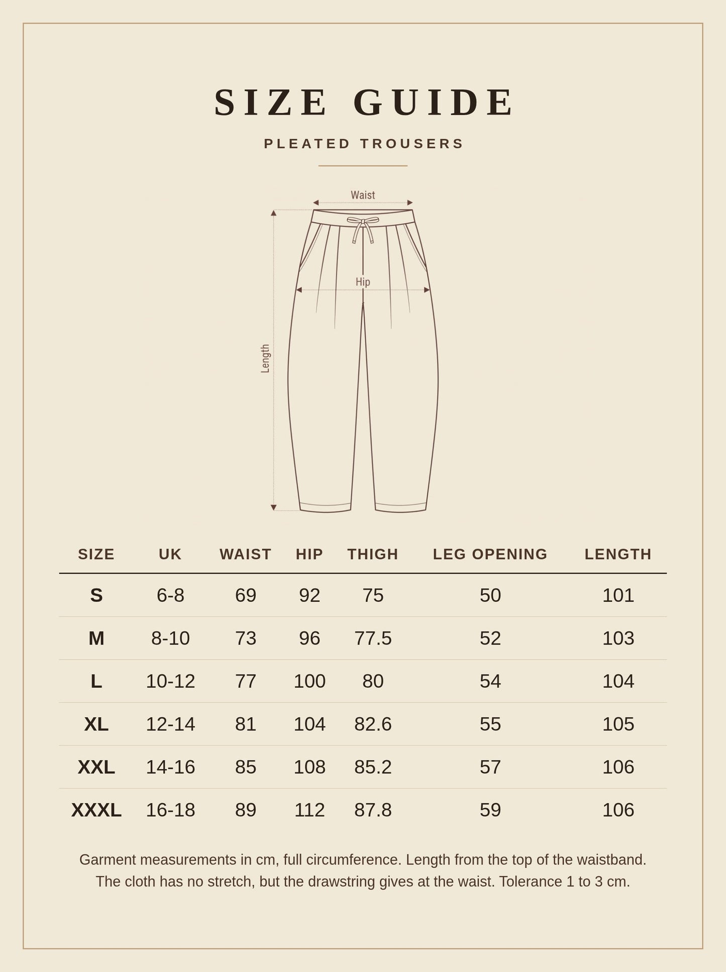 Size guide for Harlbury pleated trousers, UK 6 to 18