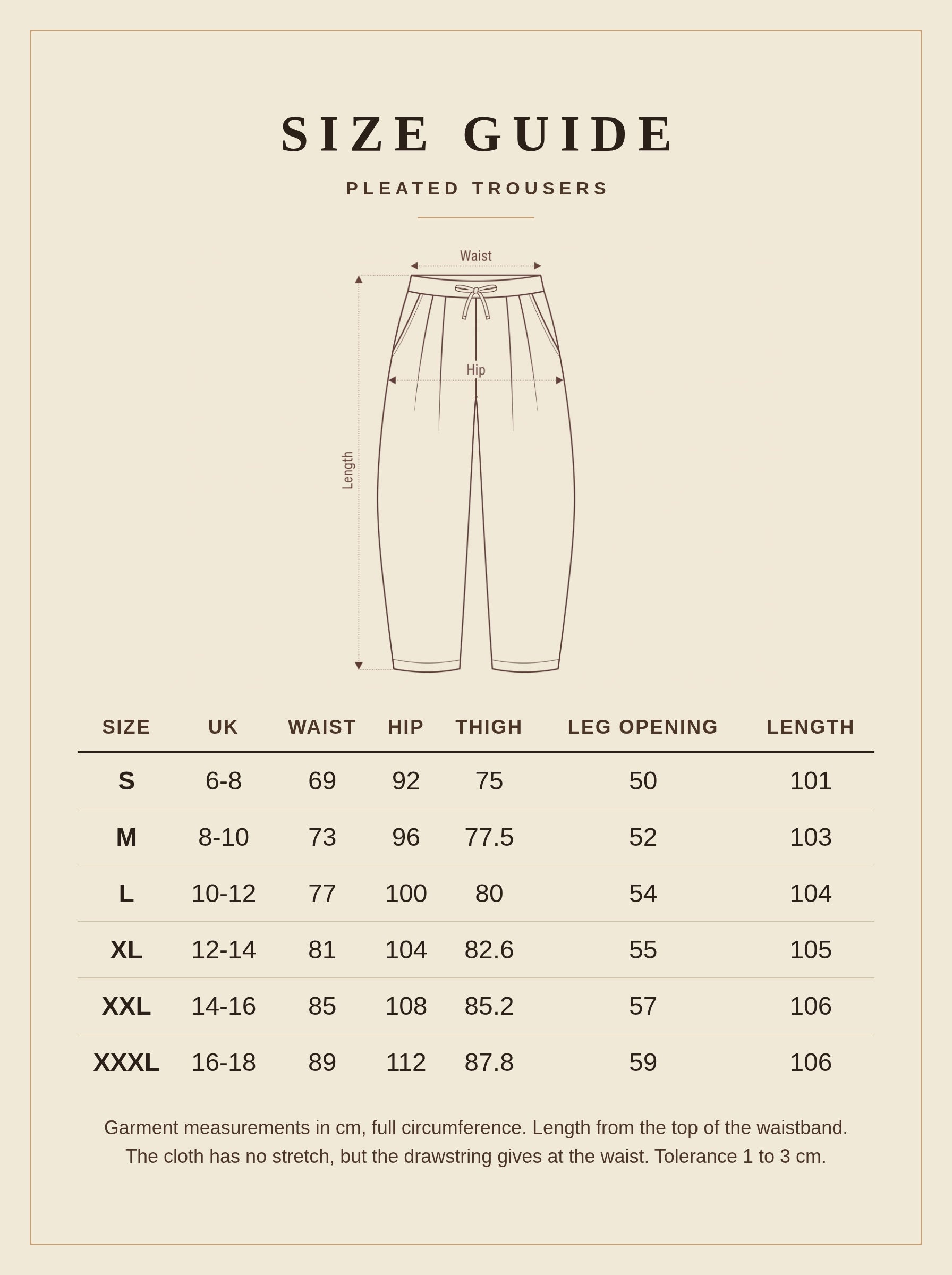 Size guide for Harlbury pleated trousers, UK 6 to 18