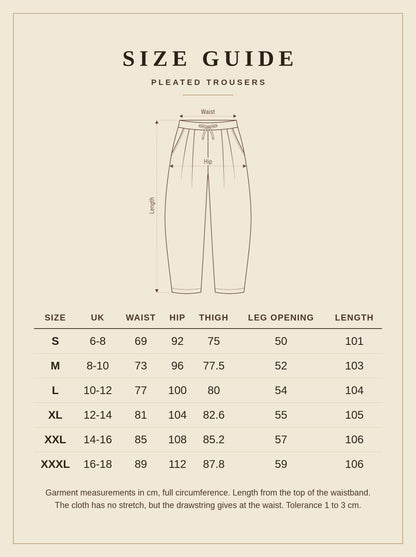 Size guide for Harlbury pleated trousers, UK 6 to 18
