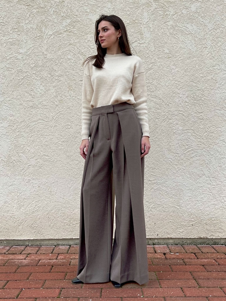 Woman wearing pleated wide-leg trousers in peat brown, full length