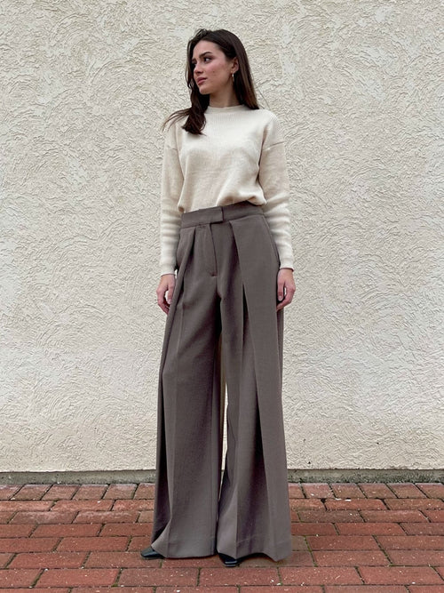 Woman wearing pleated wide-leg trousers in peat brown, full length