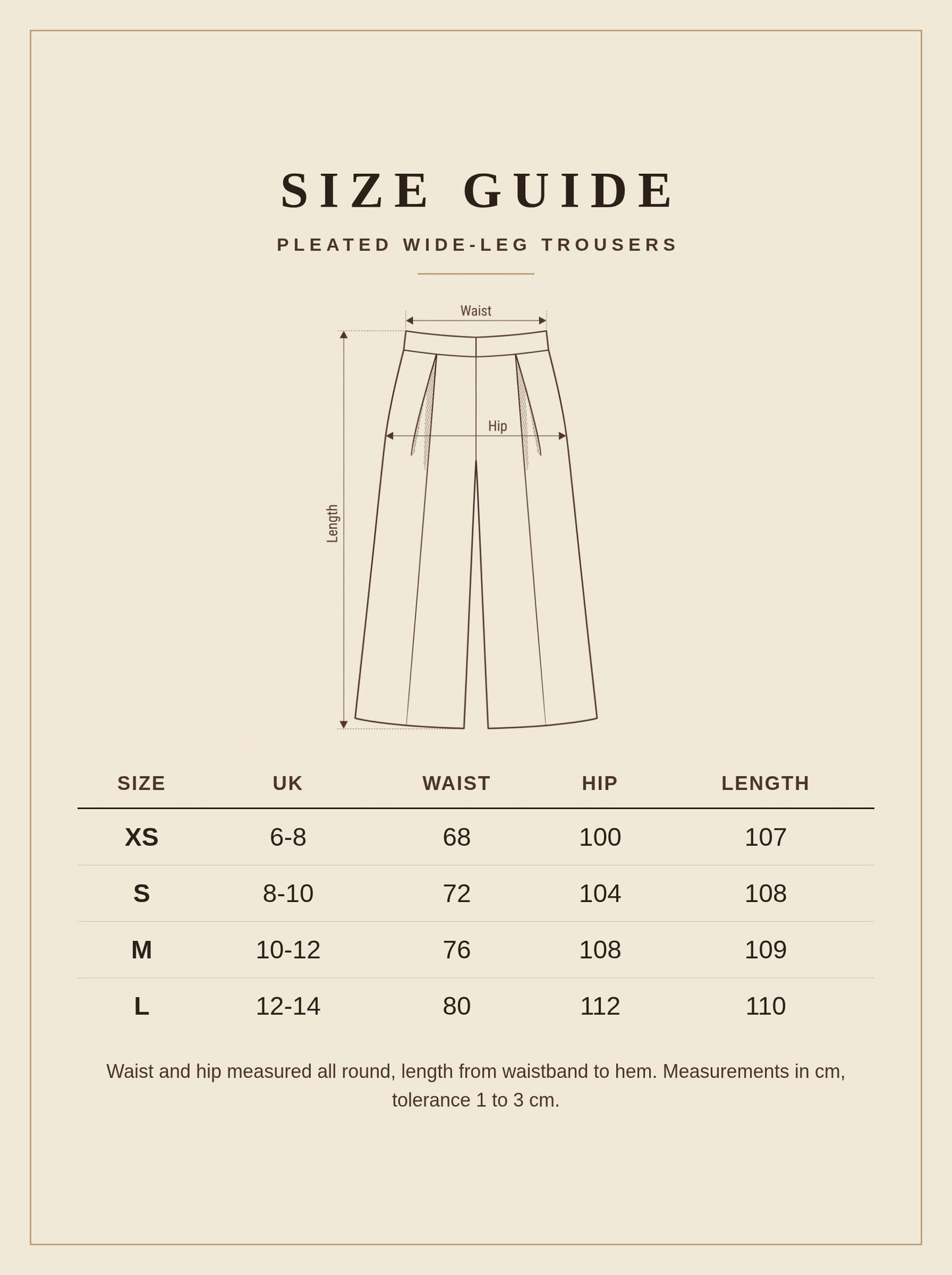 Size guide for Harlbury pleated wide-leg trousers, UK 6 to 14