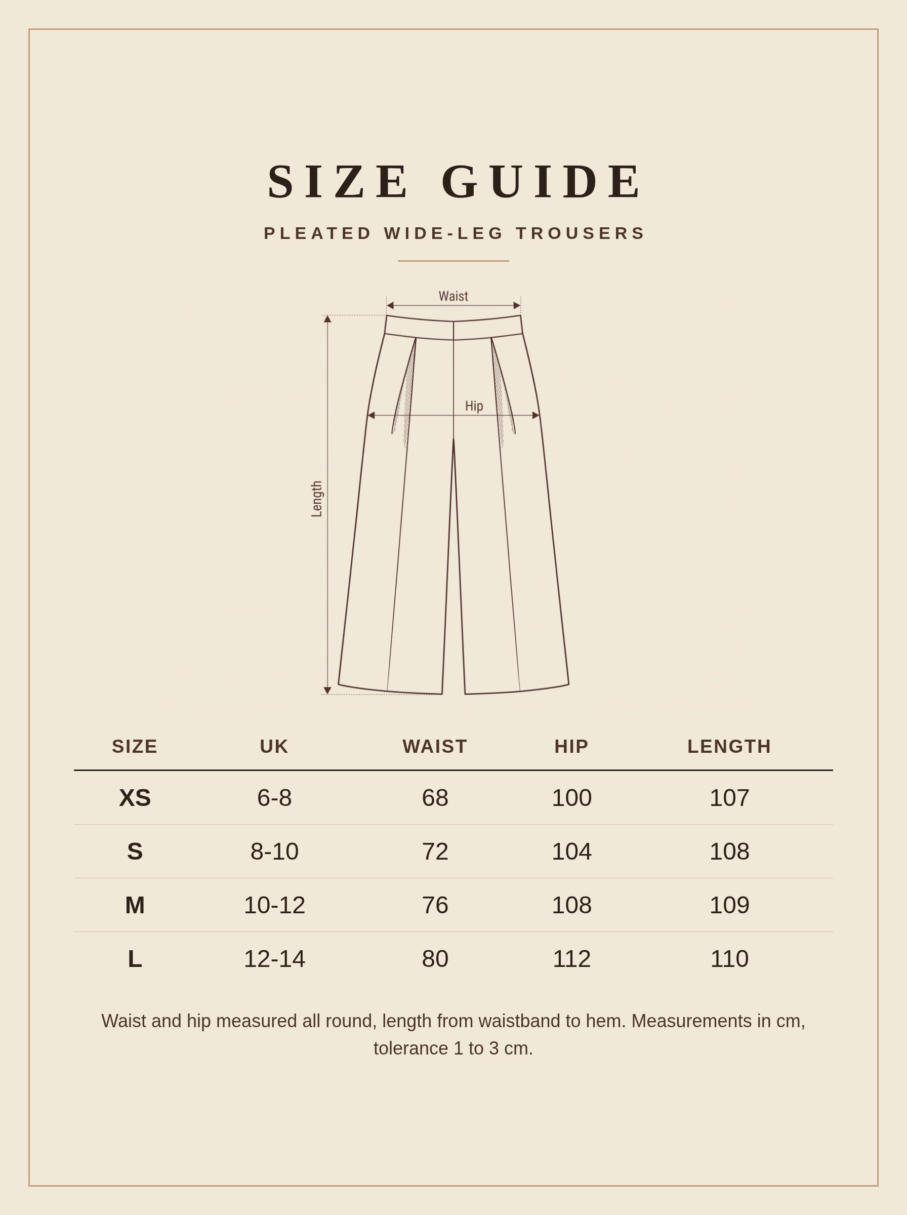 Size guide for Harlbury pleated wide-leg trousers, UK 6 to 14