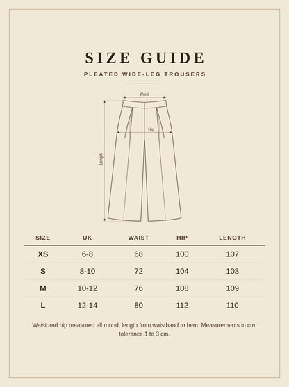 Size guide for Harlbury pleated wide-leg trousers, UK 6 to 14