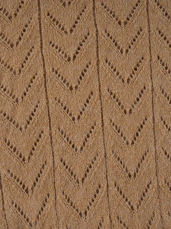 Close-up of the open chevron pointelle knit texture of the camel jumper