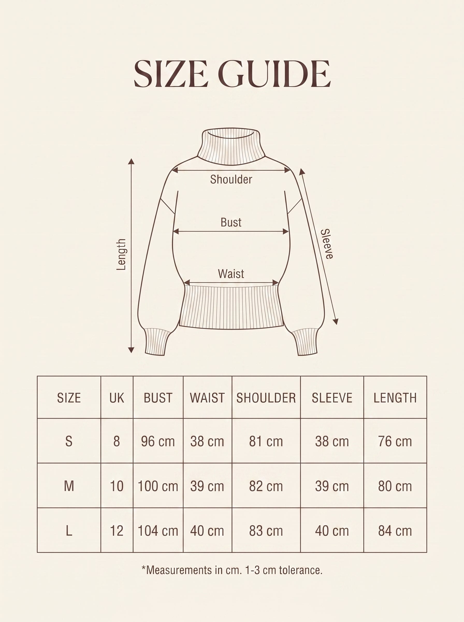 Size guide with garment measurements for the pointelle roll neck jumper