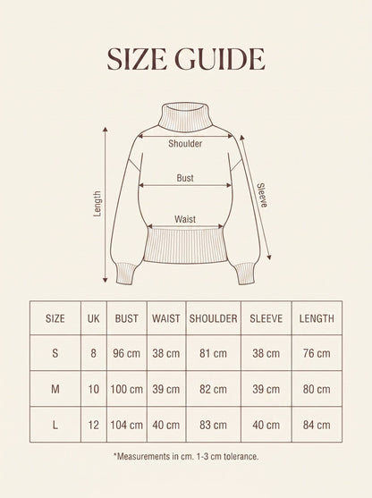 Size guide with garment measurements for the pointelle roll neck jumper