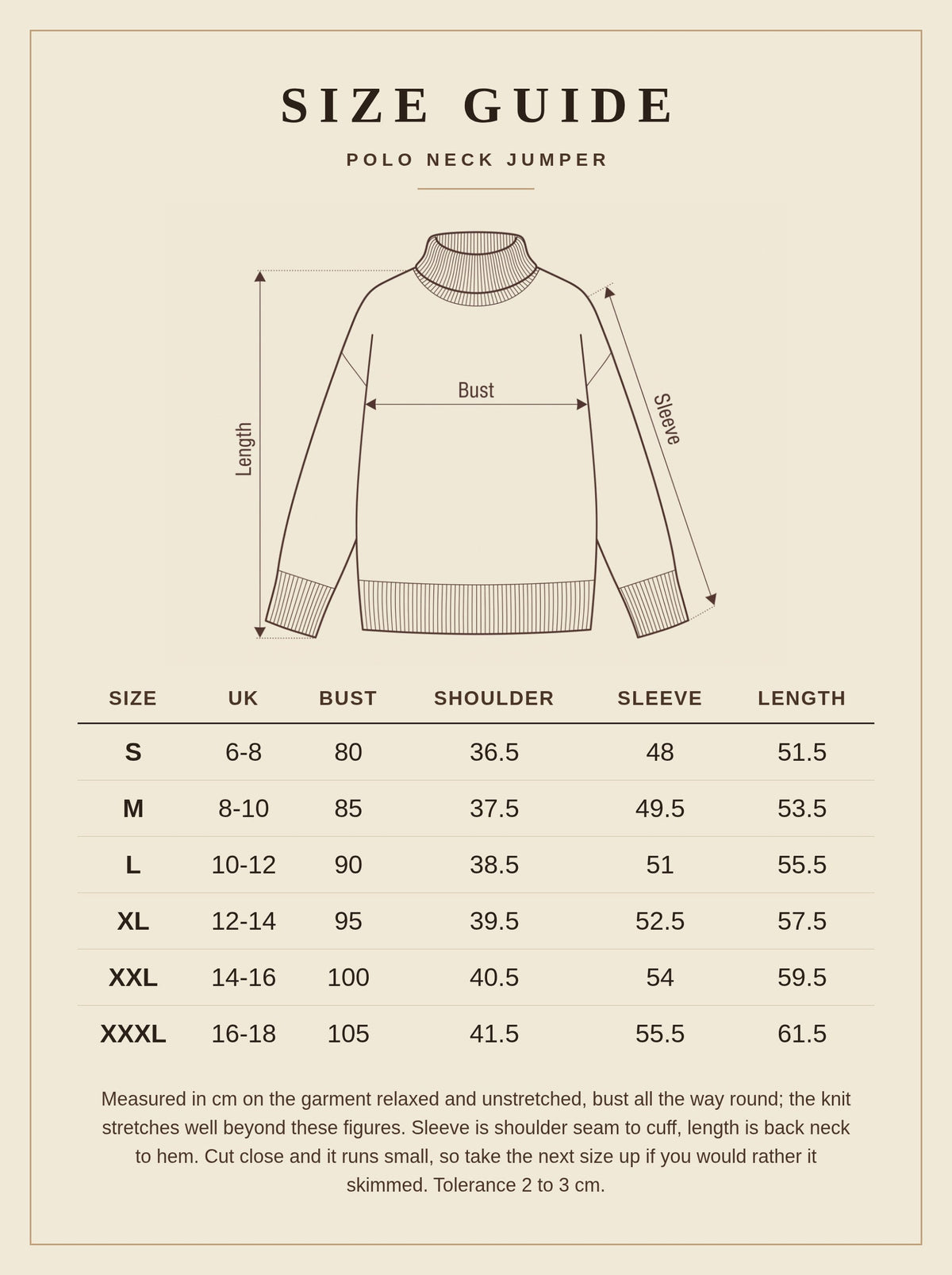 Size guide for the polo neck jumper, UK 6 to 18, measurements in centimetres