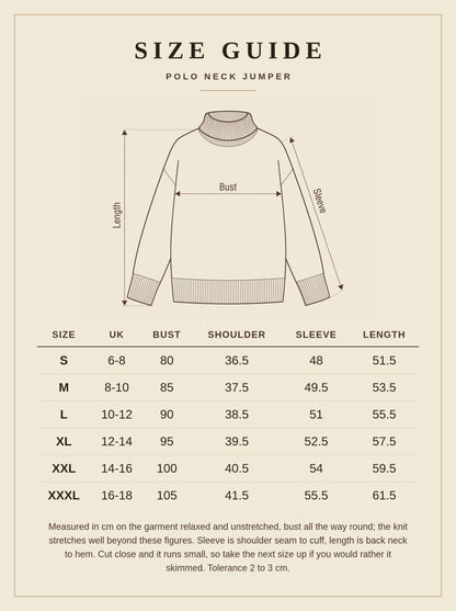 Size guide for the polo neck jumper, UK 6 to 18, measurements in centimetres