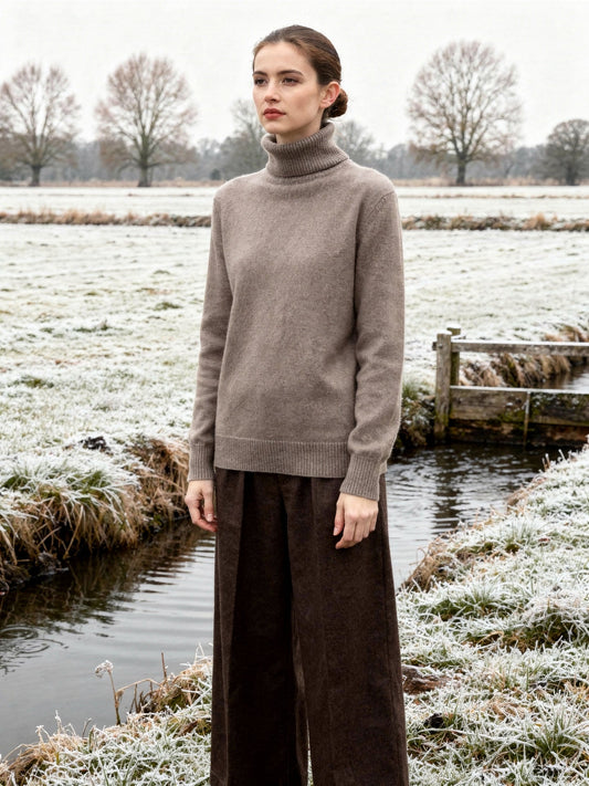 Woman in an English water meadow in winter wearing a Teasel polo neck jumper, showing the tall folded roll neck and the soft downy knit