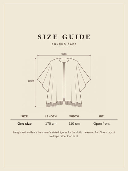 Size guide for the Aldsworth poncho cape, one size, 170 cm long and 110 cm wide, open front