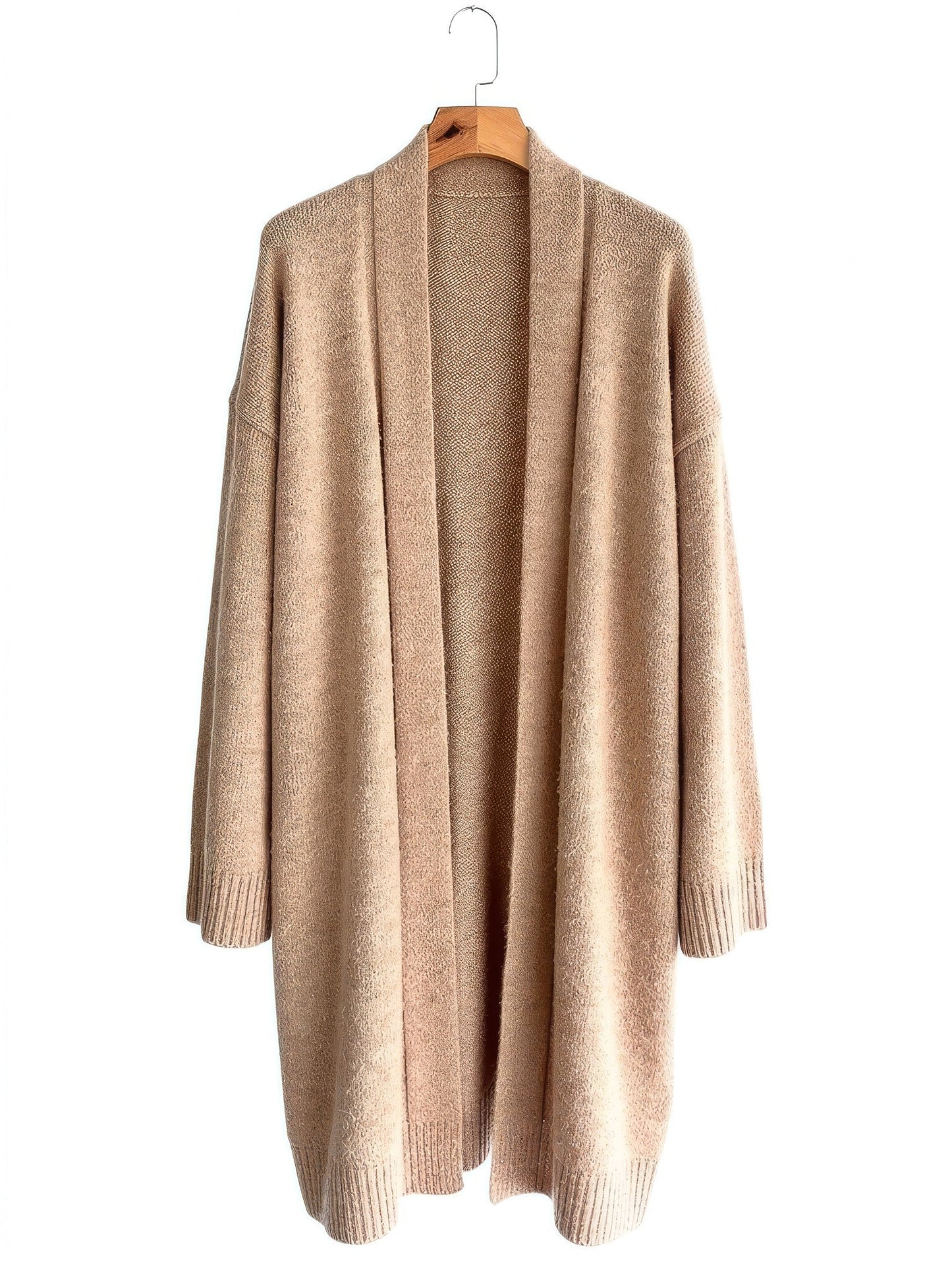 Praline longline chunky knit coatigan on a wooden hanger