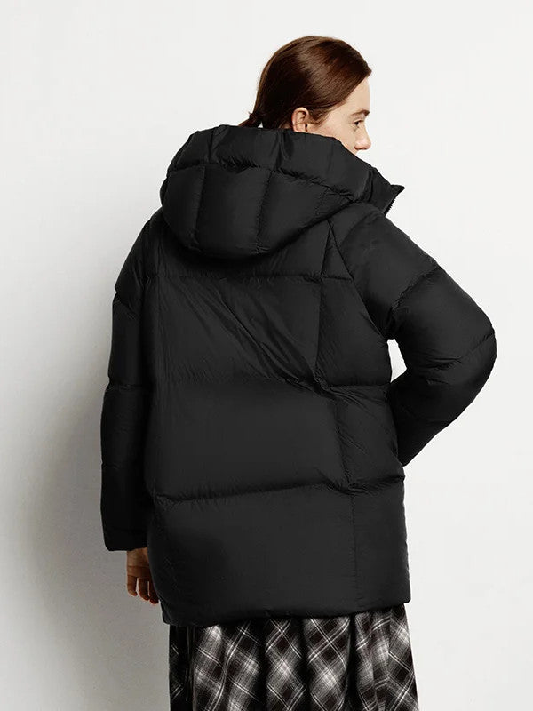 Puffer jacket in Jet Black, back view with the padded hood down