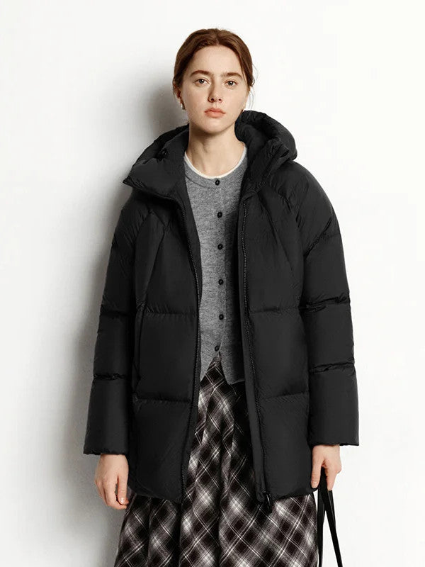 Puffer jacket in Jet Black, hood and curved shell yoke