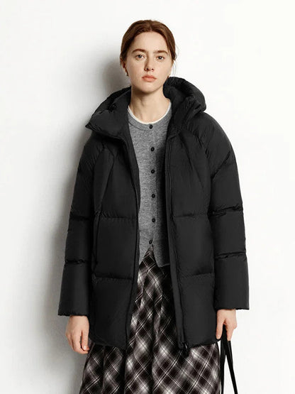 Puffer jacket in Jet Black, hood and curved shell yoke