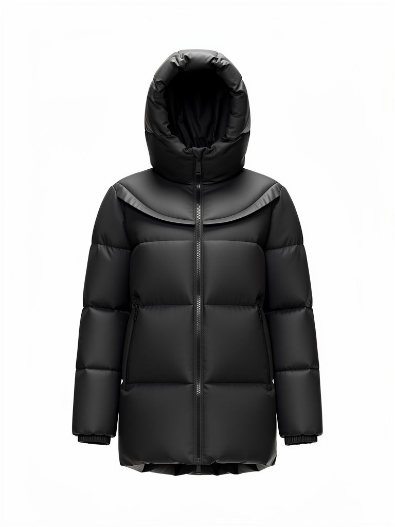 Quilted mid-length puffer jacket in Jet Black, front view