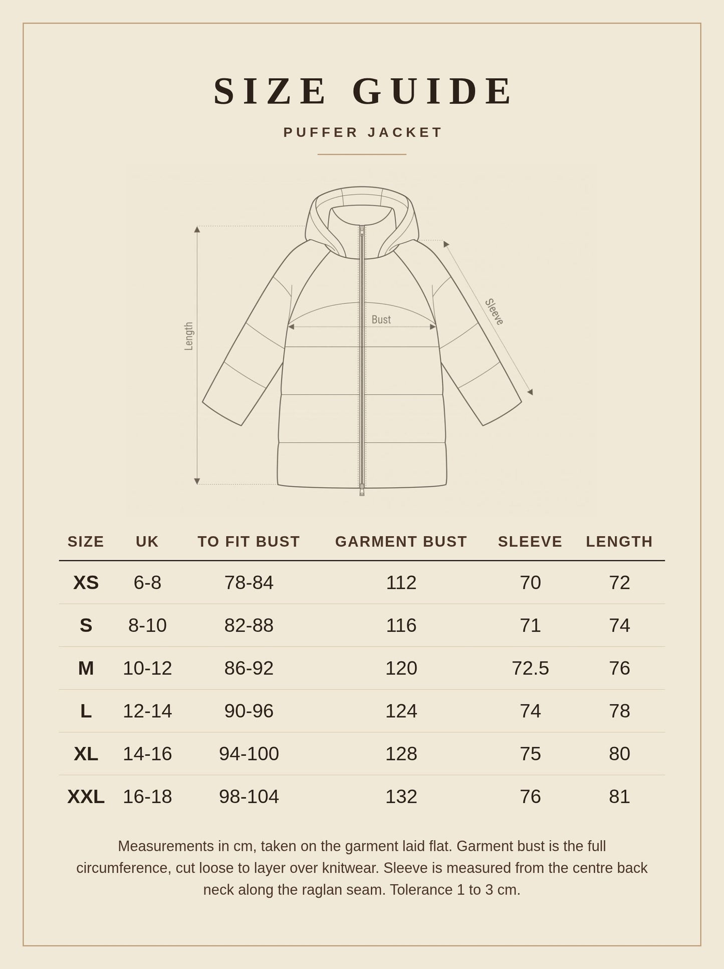 Size guide for the mid-length puffer jacket, UK sizes XS to XXL