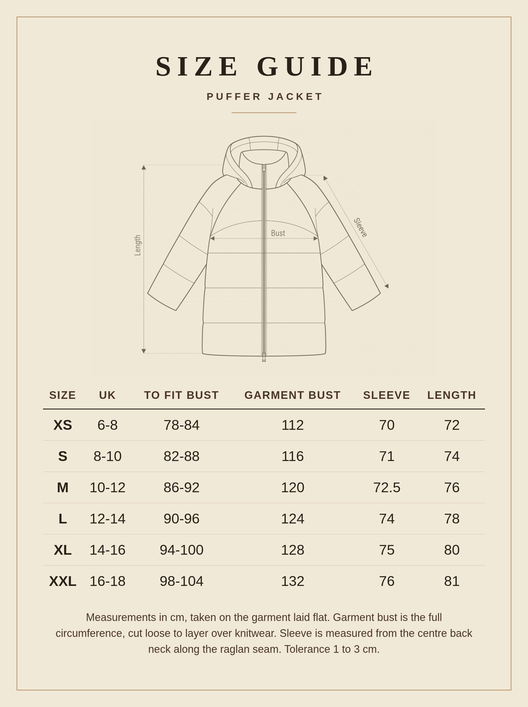Size guide for the mid-length puffer jacket, UK sizes XS to XXL