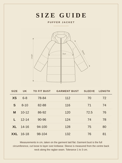 Size guide for the mid-length puffer jacket, UK sizes XS to XXL