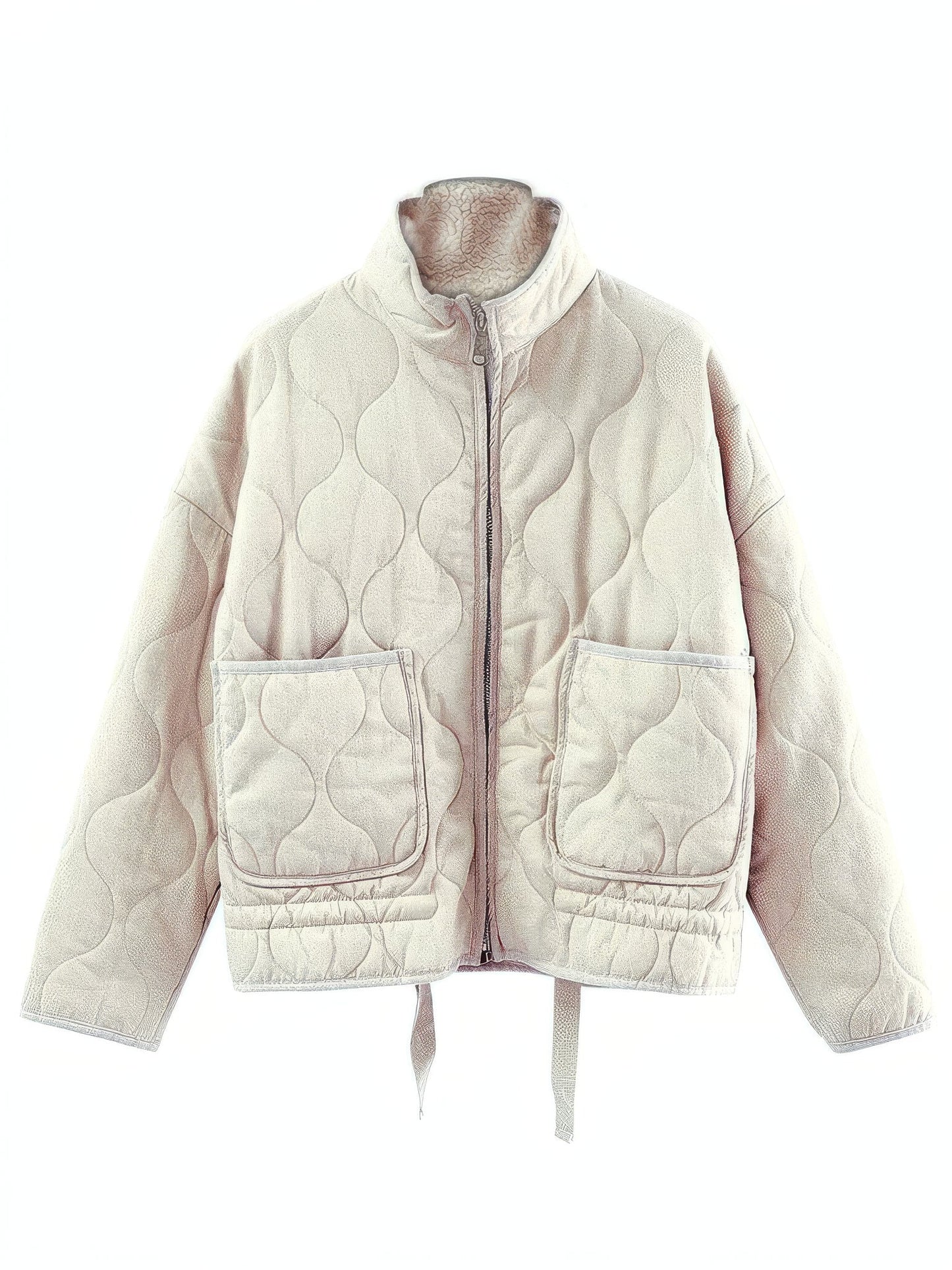 Ecru fleece-lined quilted jacket, front view
