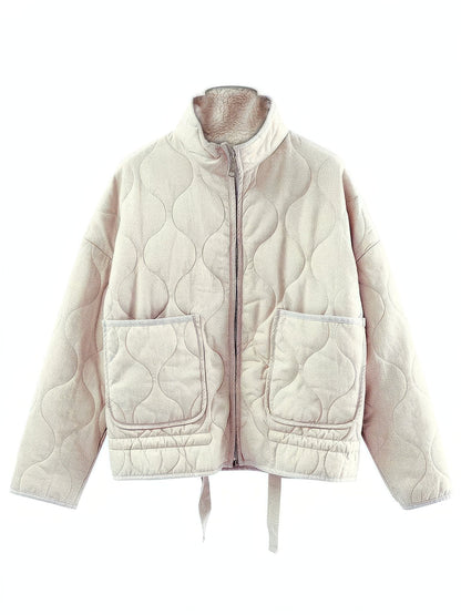 Ecru fleece-lined quilted jacket, front view