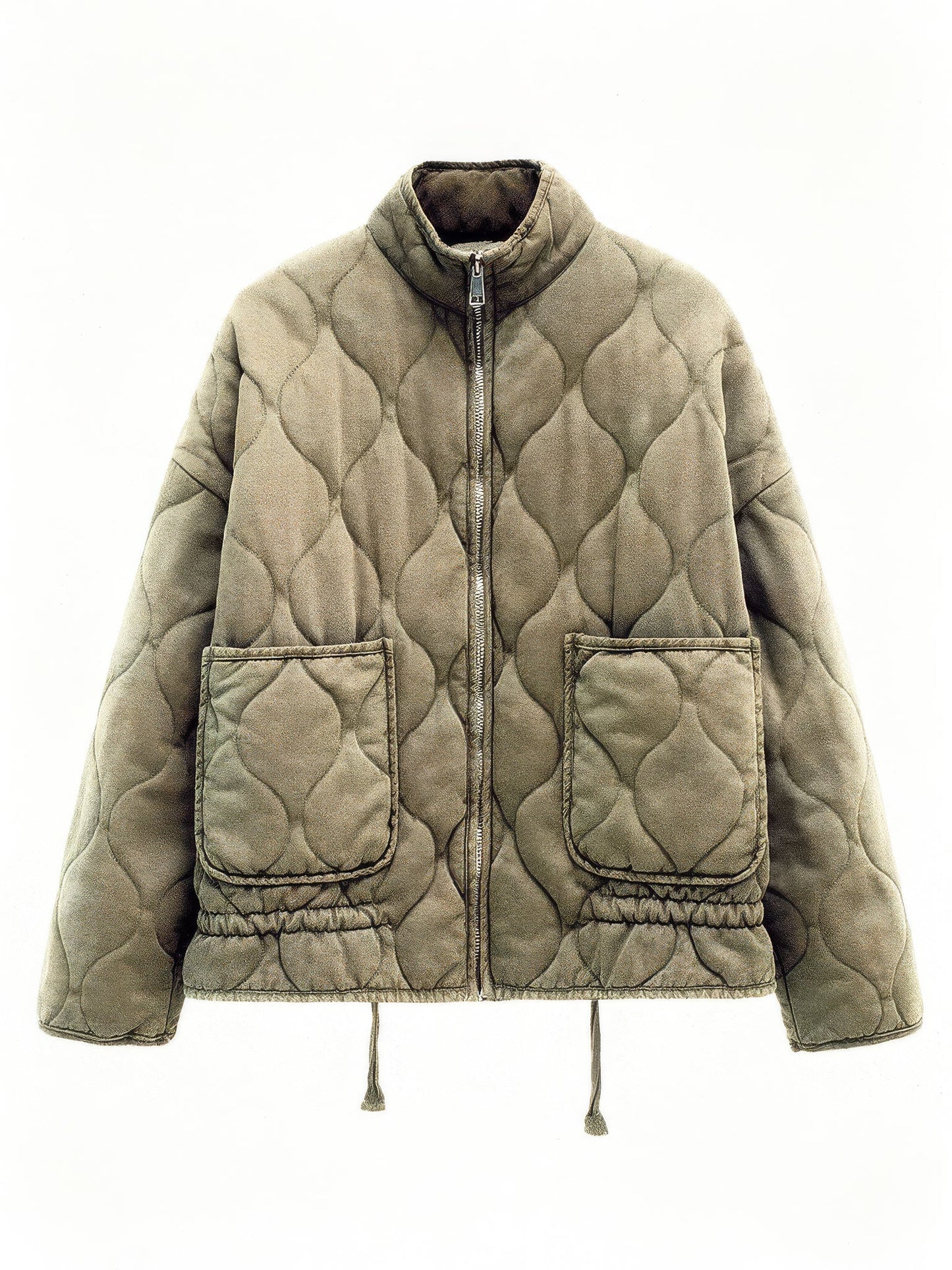 Washed olive quilted jacket with onion quilting and silver zip, front view