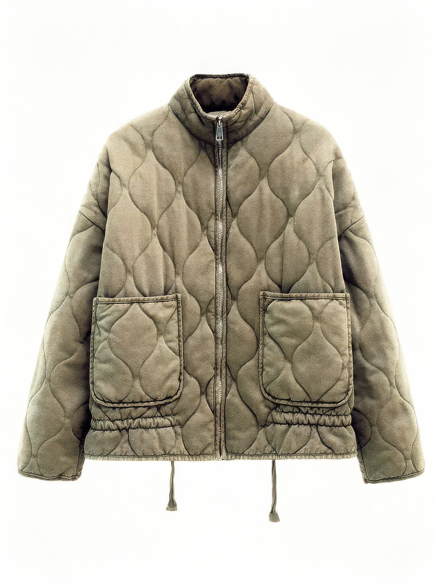 Washed olive quilted jacket with onion quilting and silver zip, front view